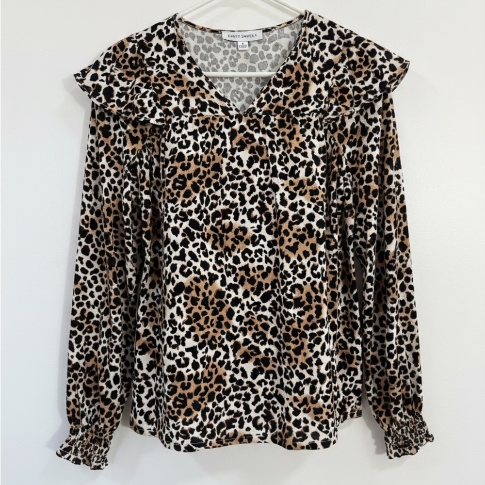 Emily Daniels Leopard Print V-Neck Ruffle Blouse - Brown/Black - Picture 2 of 10